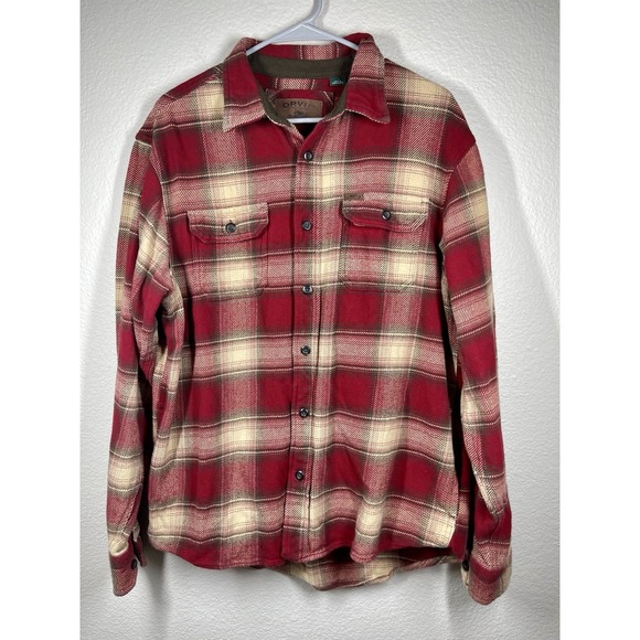 Vtg Orvis Shirt Jacket Mens Tag Large Flannel Plaid Shacket Heavy Fishing Red - Picture 1 of 11